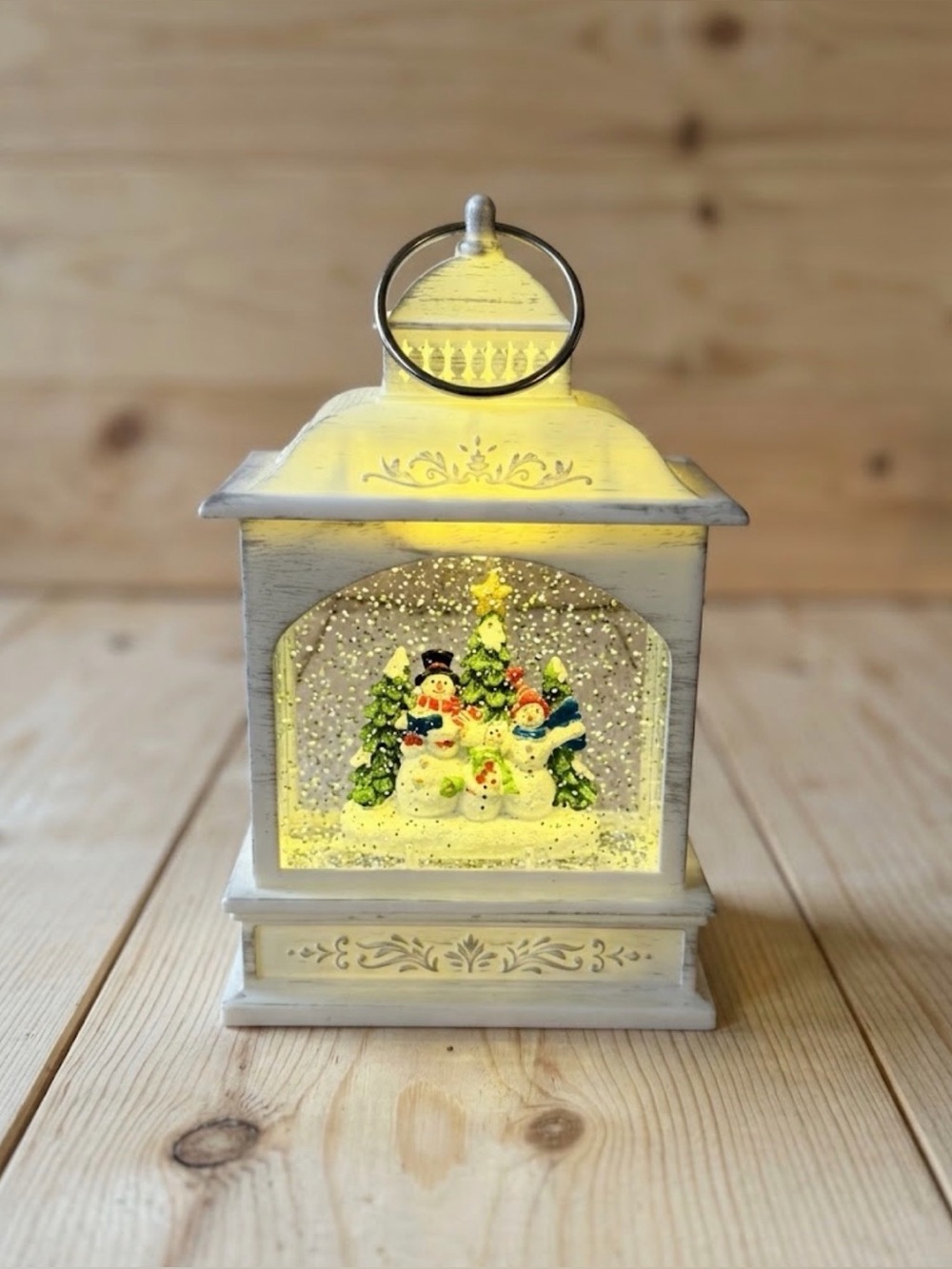 Christmas Snow Globe Lantern w/ Trees & Figures, Illuminated, Battery Powered